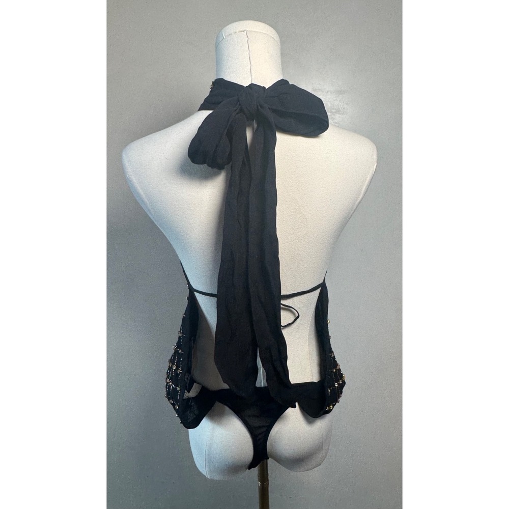 Free‎ People Black Halter Gold Jewel Thong Bodysuit MSRP $128 Sz L RARE NWT! - Picture 5 of 7